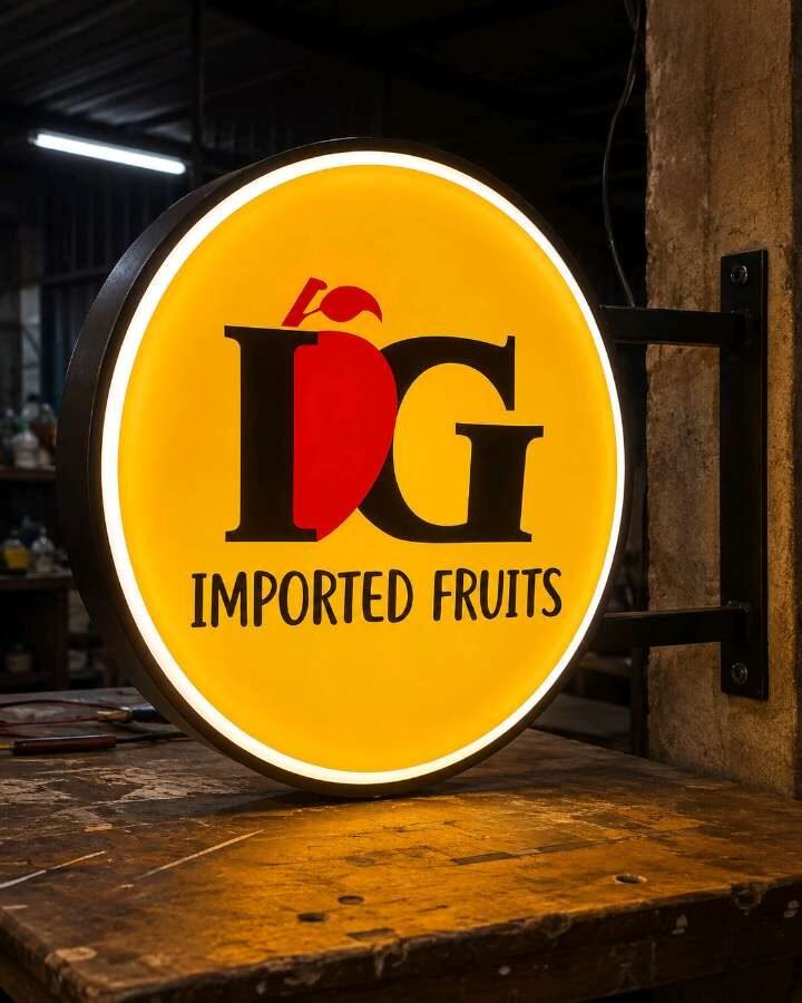Illuminated round projecting sign for a fruit store