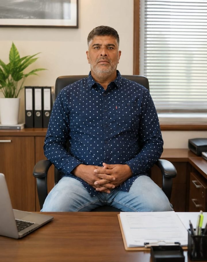 Zabiulla Shariff, founder of 3D SIGN, seated at his office desk in Bengaluru