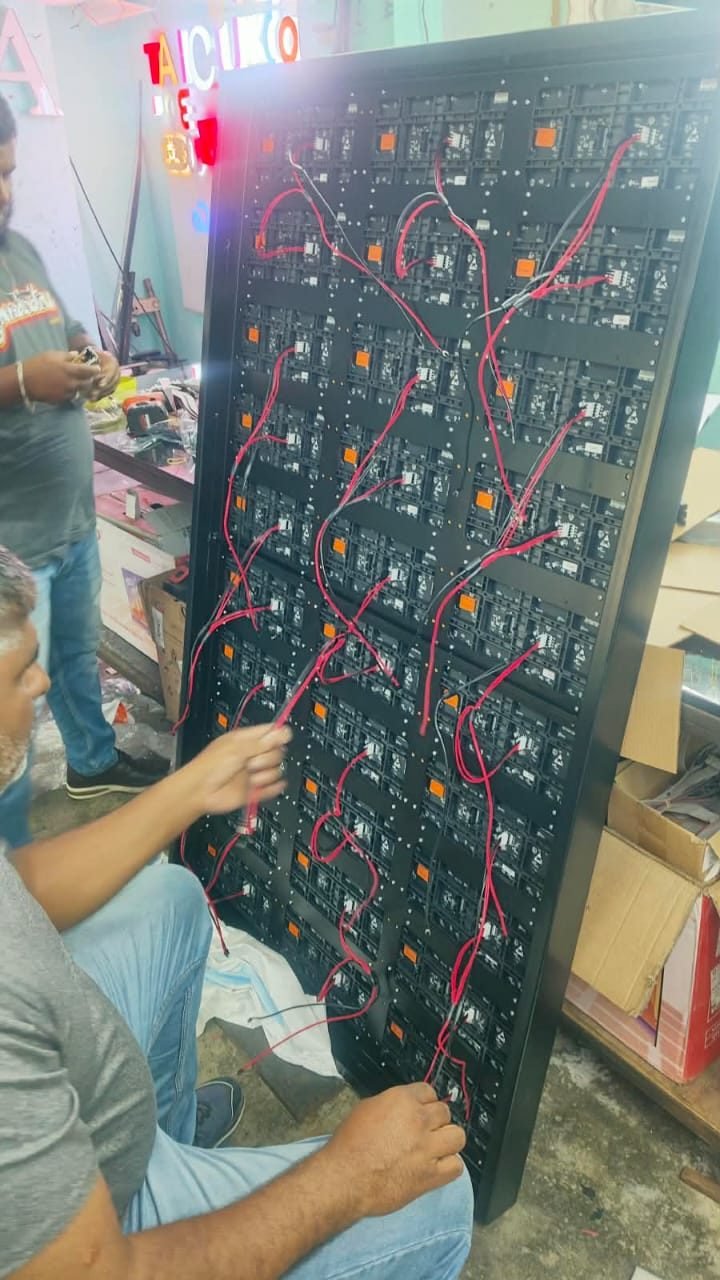 LED video wall panel with wiring being assembled by hand in the 3D SIGN workshop