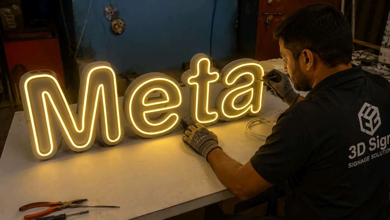 Technician assembling neon-style LED letters in the fabrication workshop