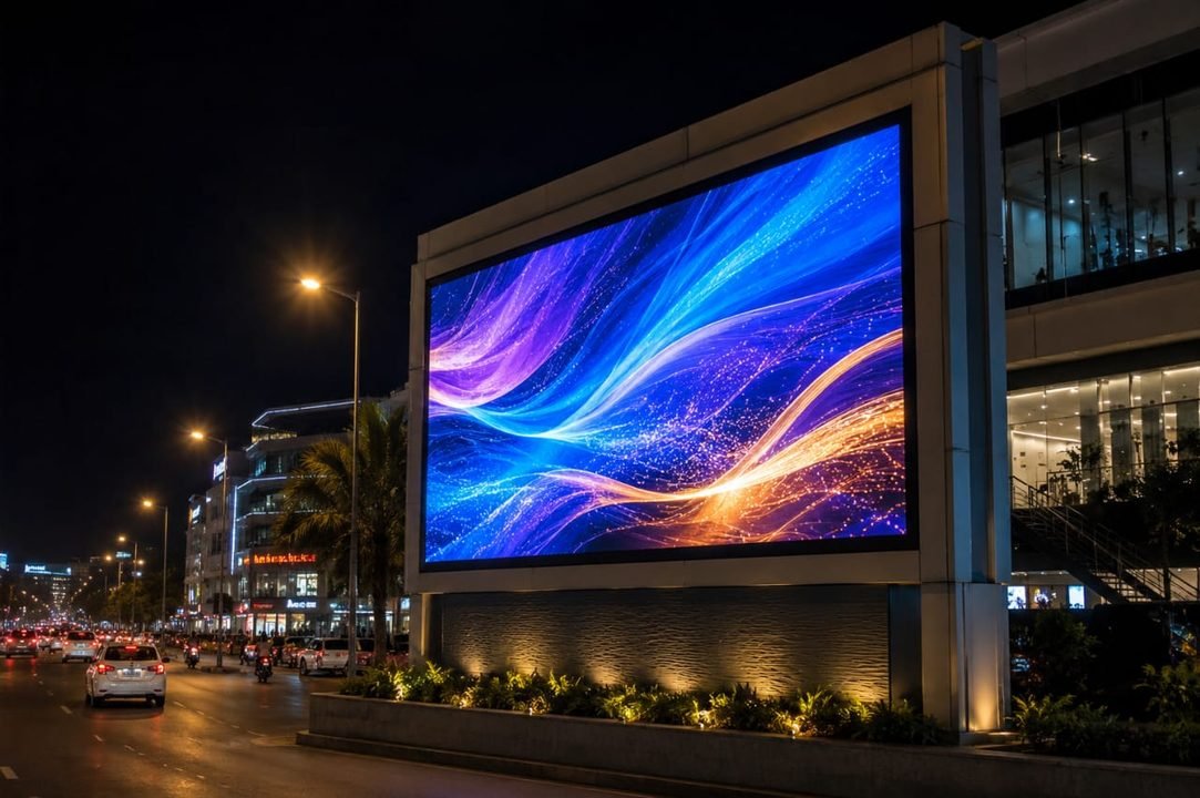 Outdoor pylon LED video wall display running abstract content beside a busy road