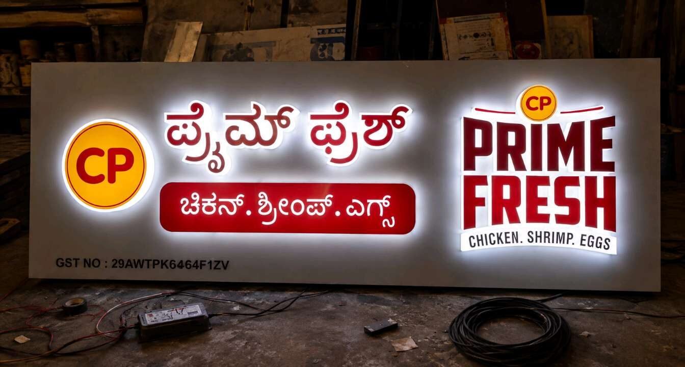 Lightbox signboard with bilingual branding for a fresh food outlet