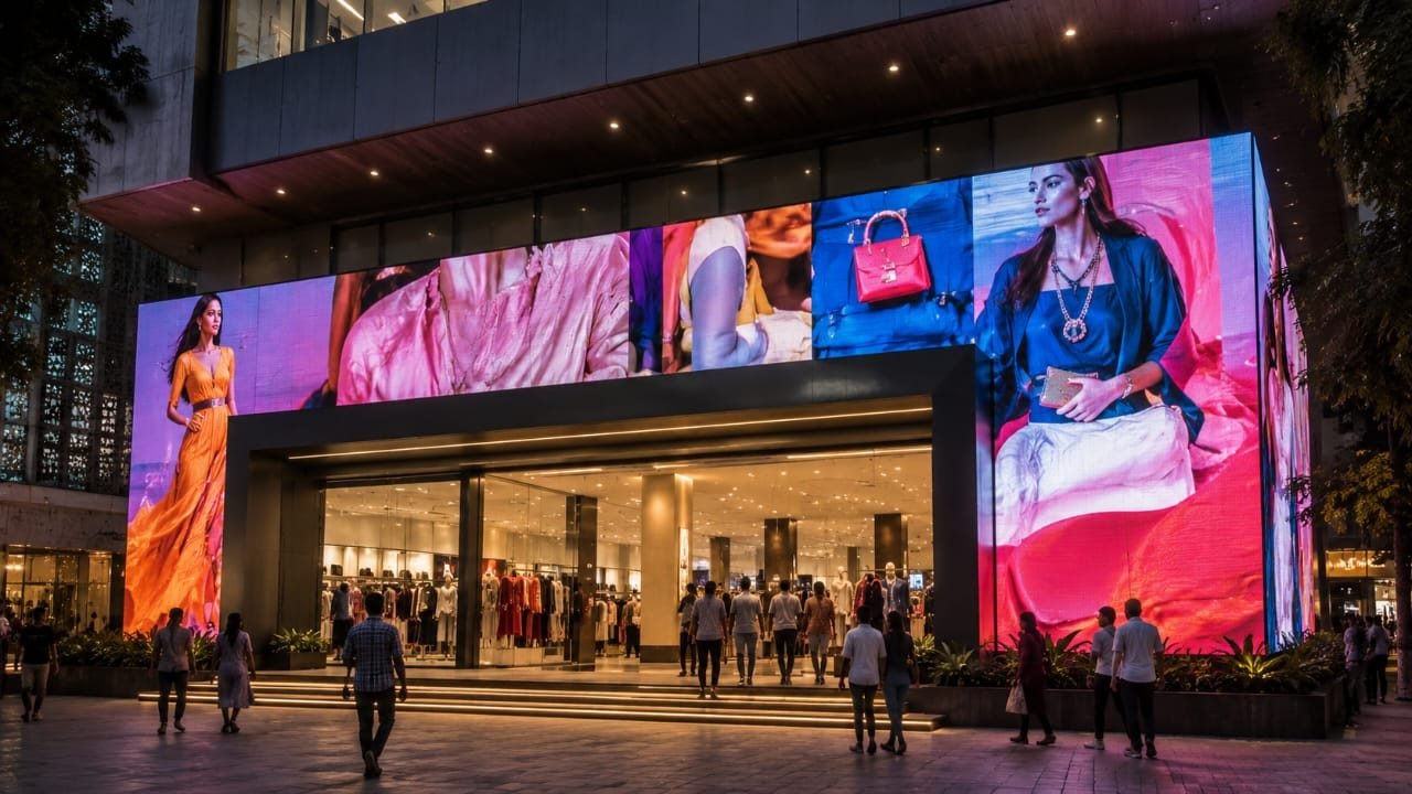 LED video wall wrapping the storefront of a fashion retail building at night