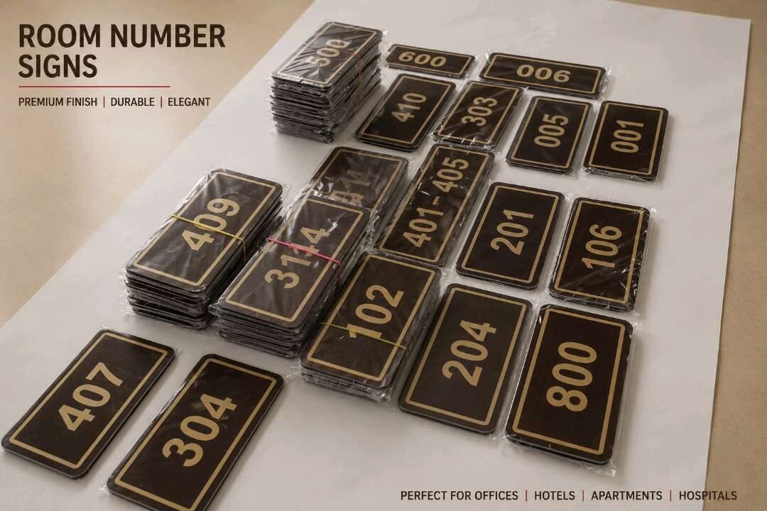 Set of engraved room number plates for offices, hotels and apartments