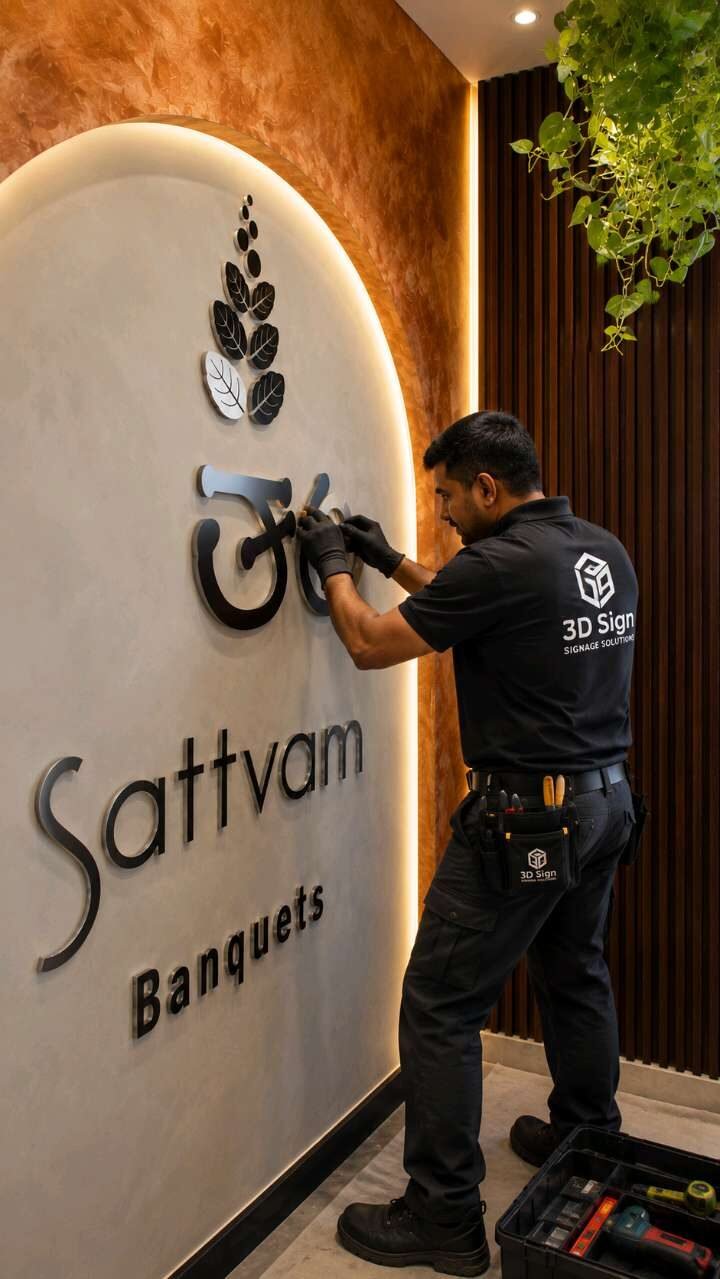 3D SIGN technician installing illuminated banquet hall signage on site