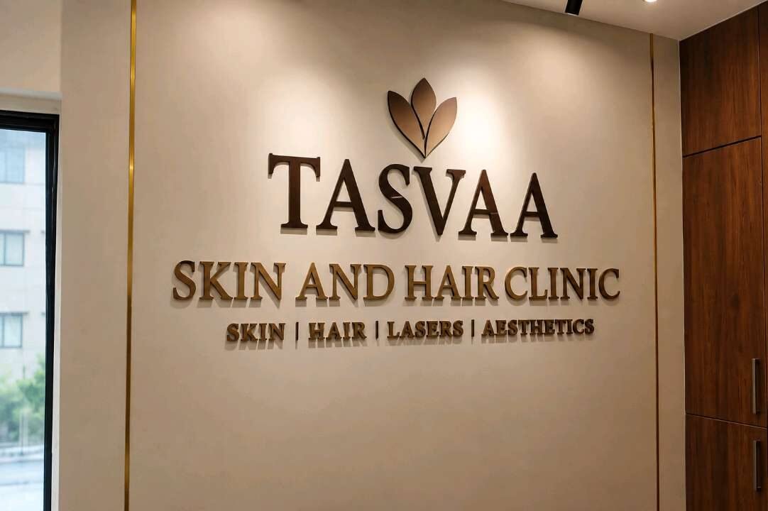 Clinic reception wall signage with raised metallic letters